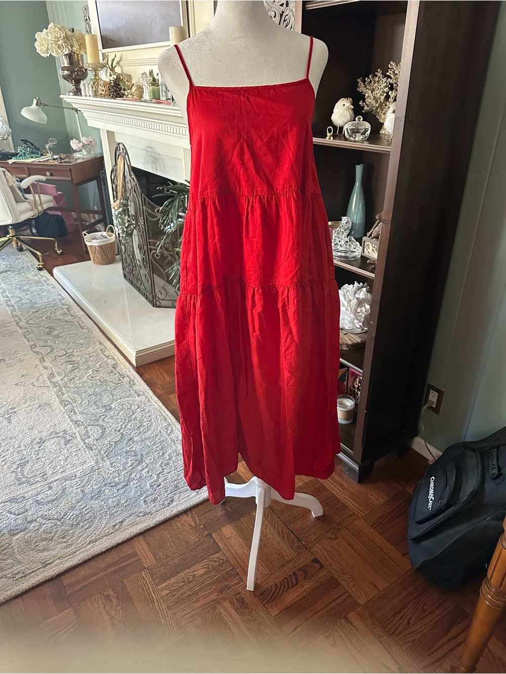 Enza Costa 100% Cotton Red Tiered A-Line Midi Dress